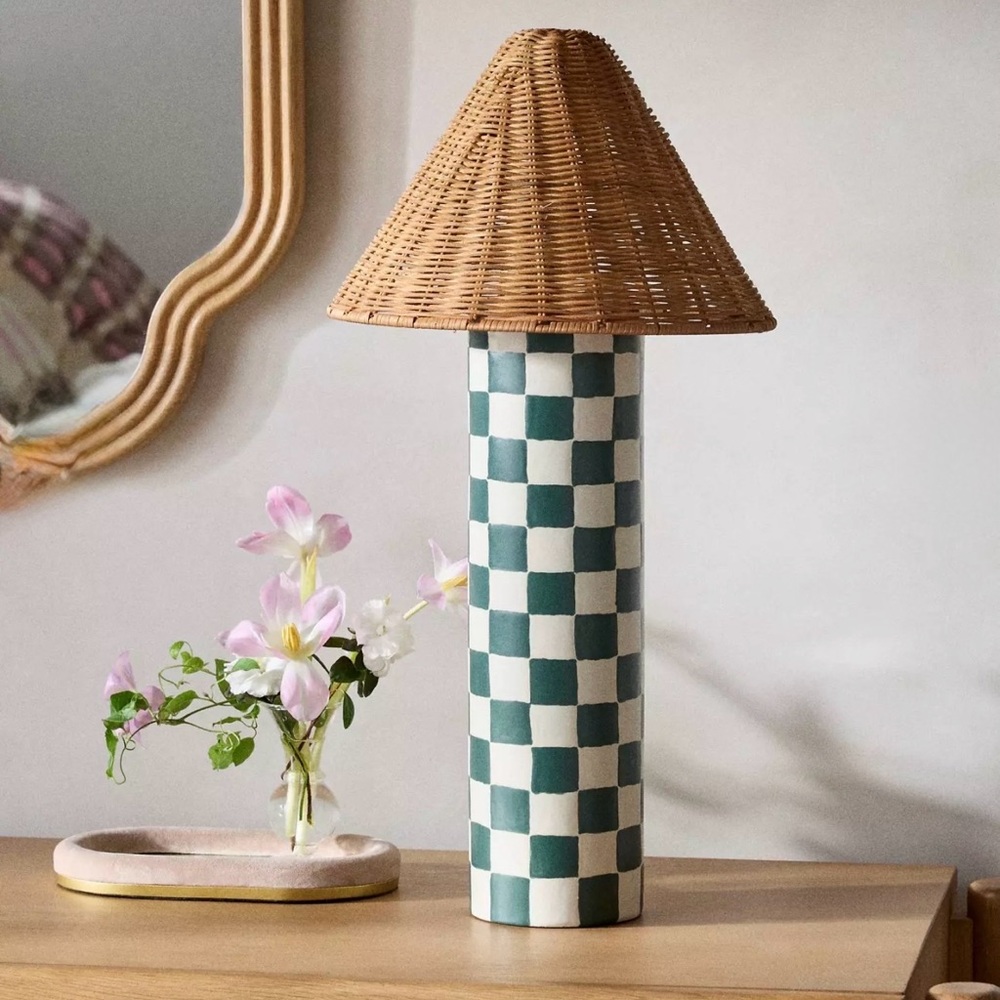 NEW Anthropologie Merve Kahraman Ceramic Checkered Rattan Table Lamp, Green, LG